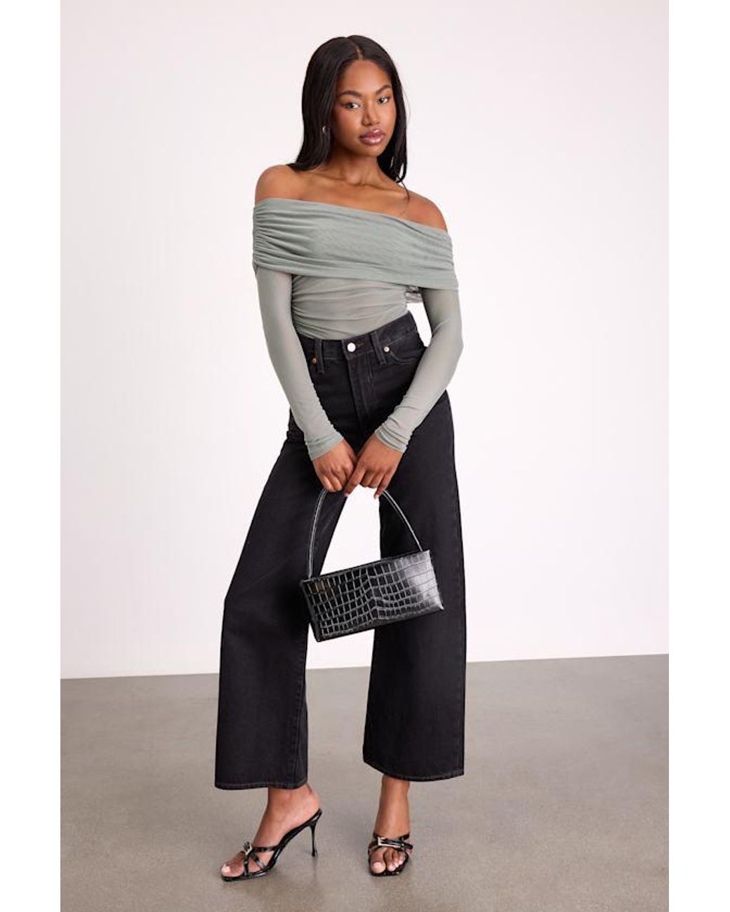 Lulus Green Good Times Sage Mesh Off-The-Shoulder Long Sleeve Top