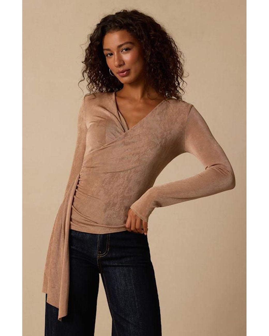 Lulus Natural Beck Khaki Long Sleeve Surplice Top