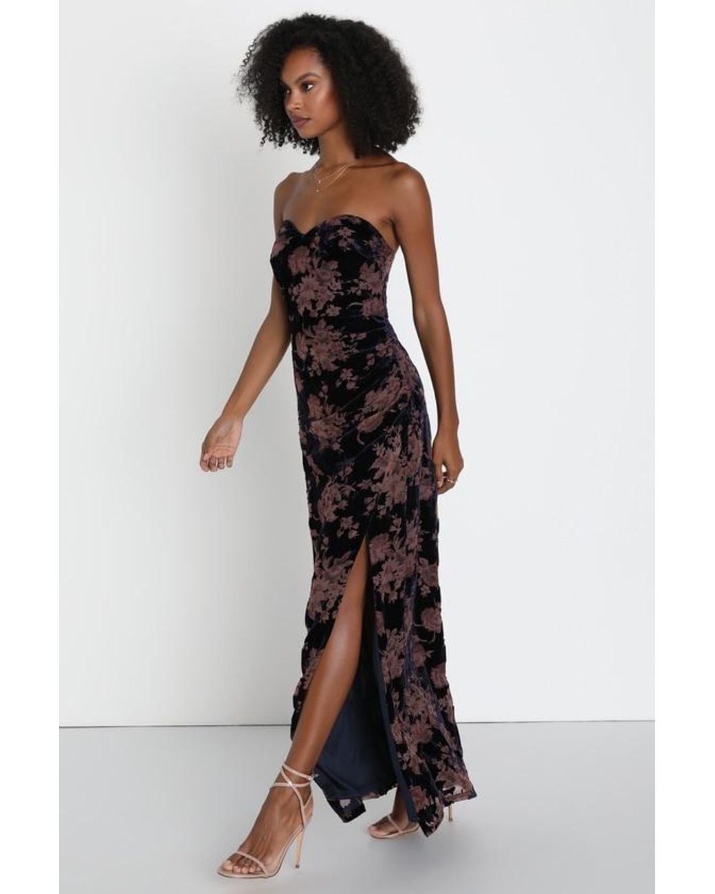 Lulus Black Exquisite Floral Burnout Velvet Strapless Maxi Dress