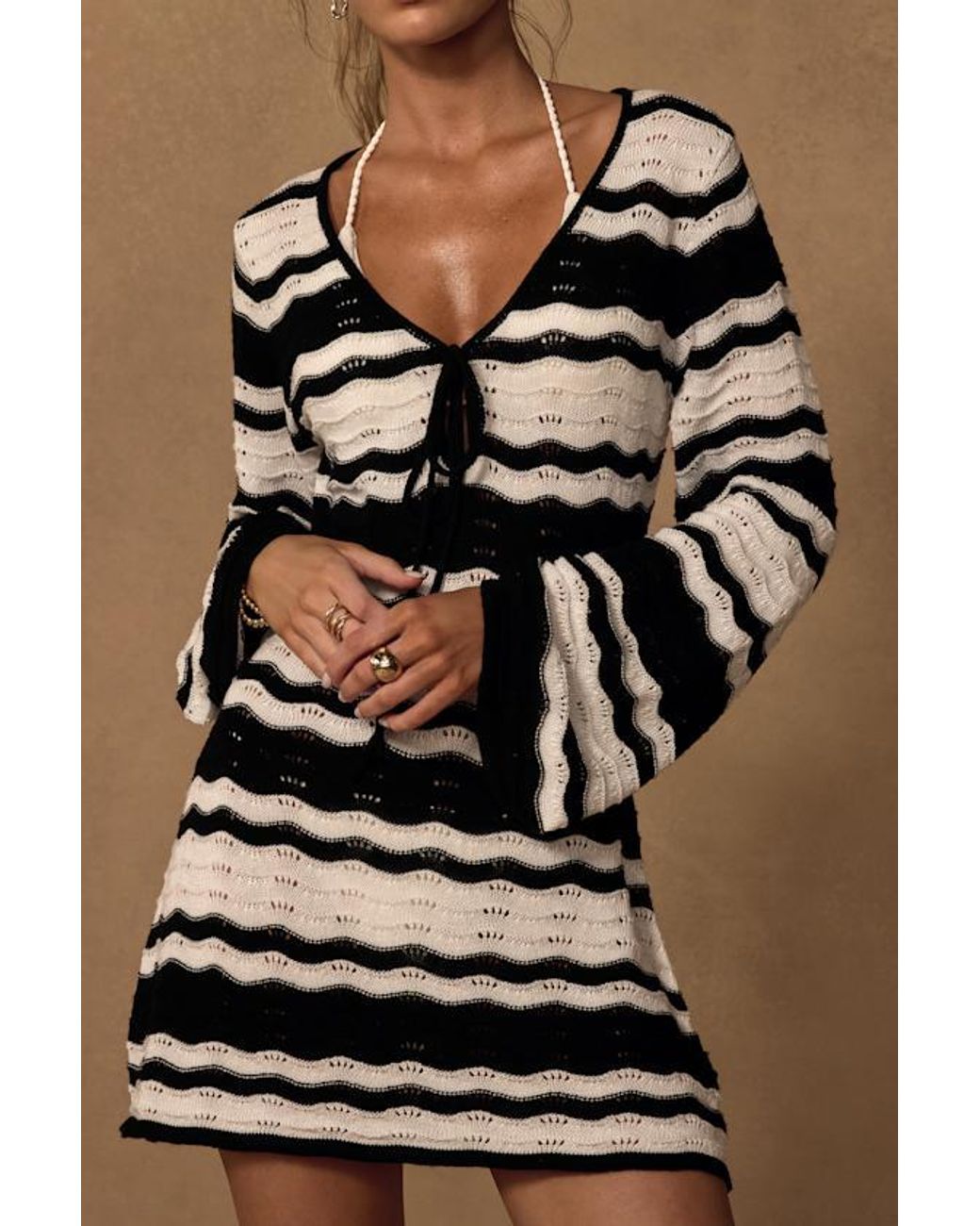 Lulus Brown Elora And Striped Crochet Tie-Front Swim Cover-Up
