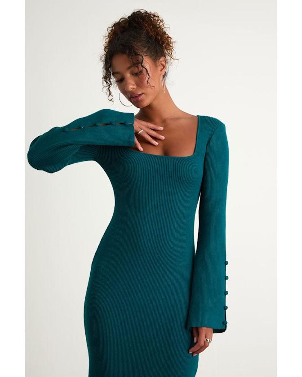 Lulus Blue Classy Attitude Emerald Ribbed Square Neck Midi Sweater Dress