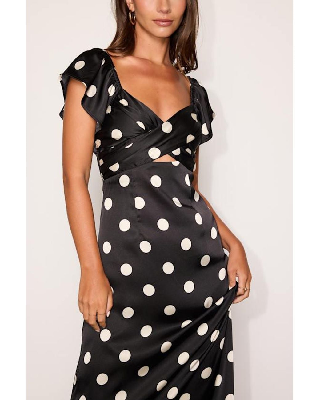Lulus Black Villena Polka Dot Satin Tie-Back Midi Dress