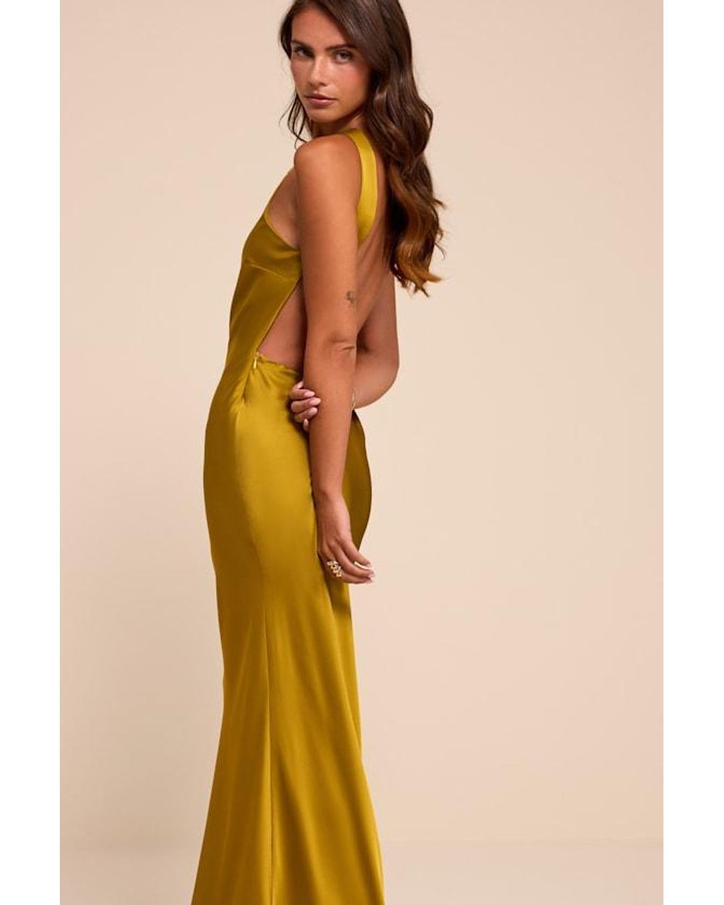 Lulus Yellow Sienna Chartreuse Satin Backless Maxi Dress
