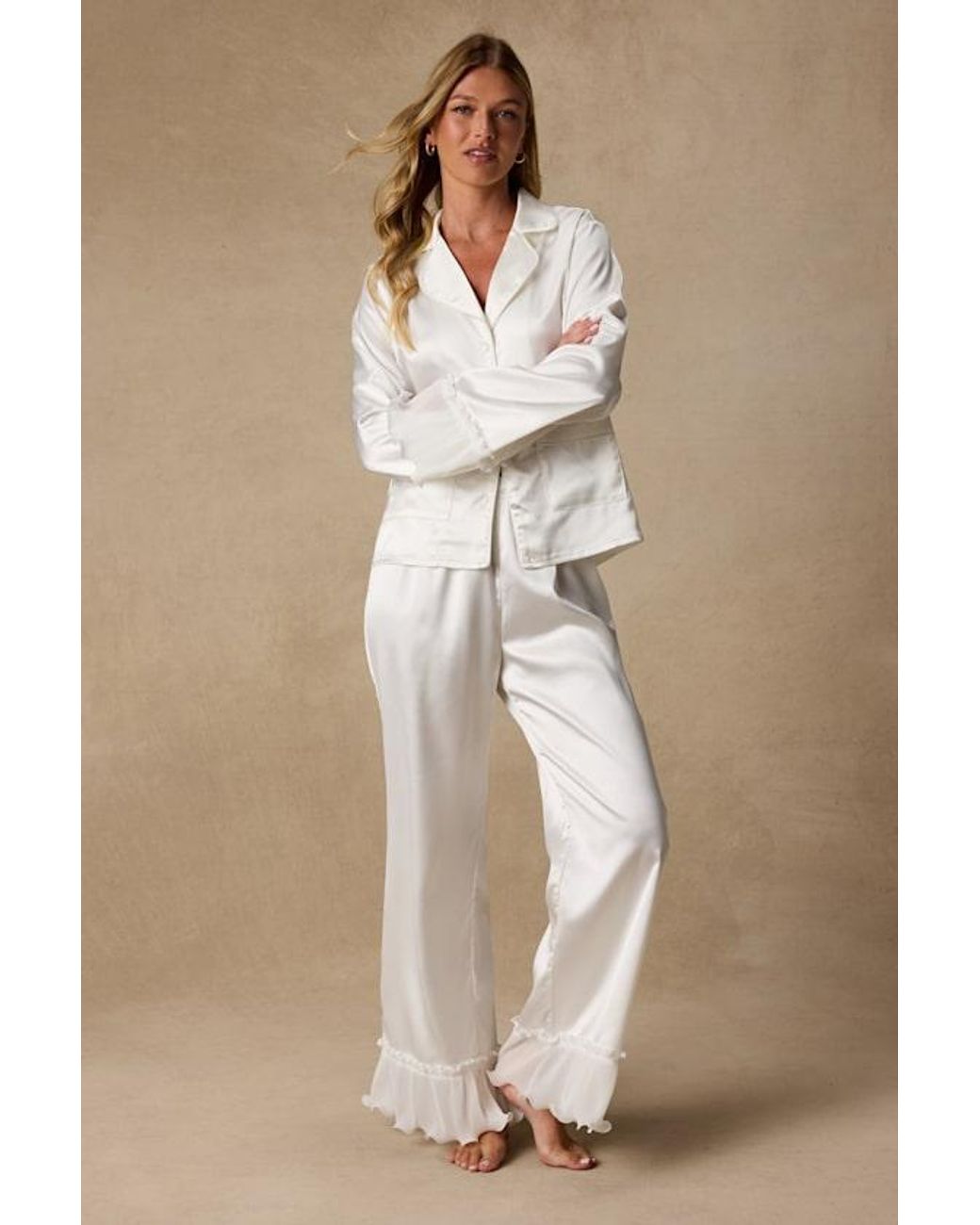 Lulus Natural Melanie Satin Ruffled Two-Piece Pajama Set