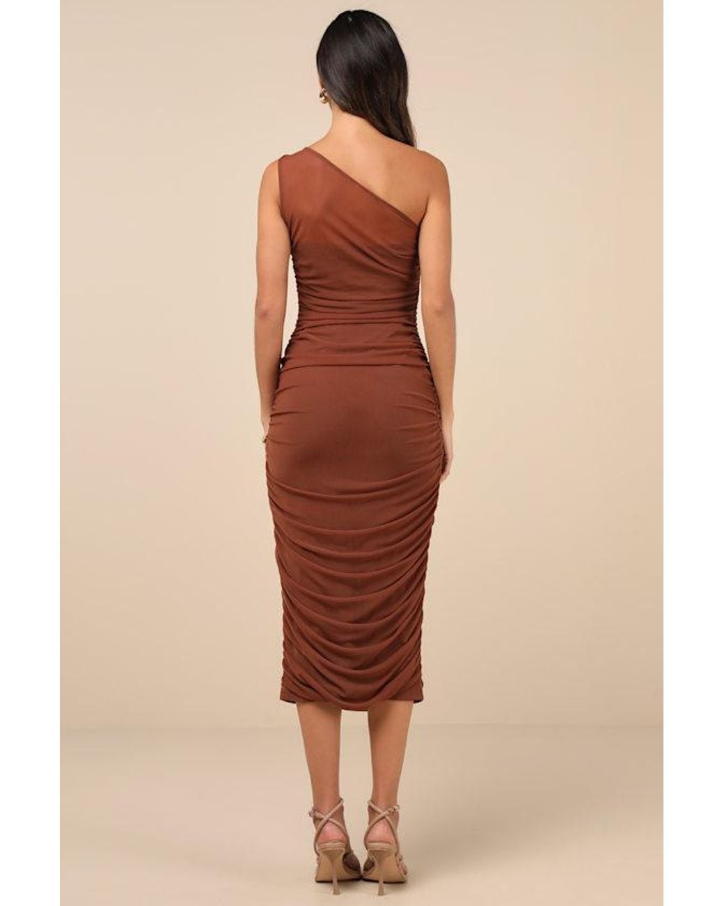 Lulus Natural Kiden Mesh Ruched One-Shoulder Midi Dress