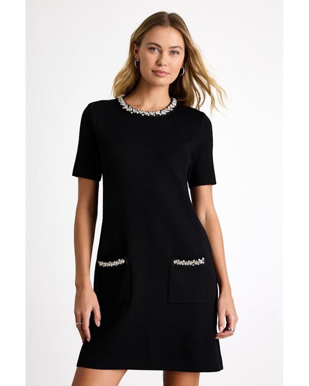Lulus Black Hila Rhinestone Crew Neck Shift Sweater Dress