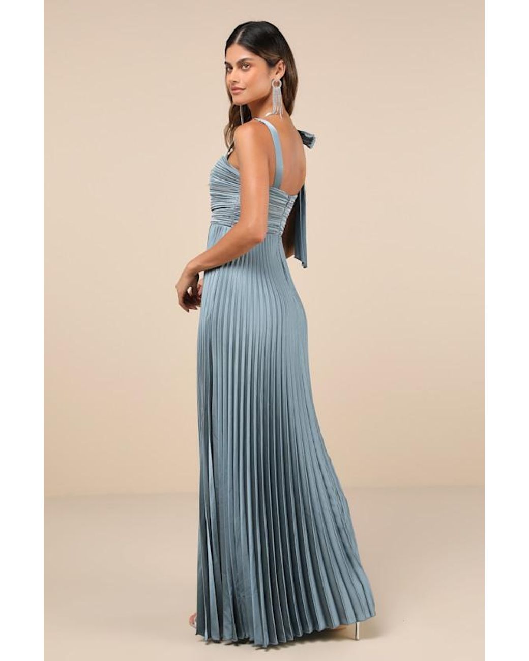 Lulus Blue Gorgeous Purpose Slate Satin Pleated Sleeveless Bow Maxi Dress
