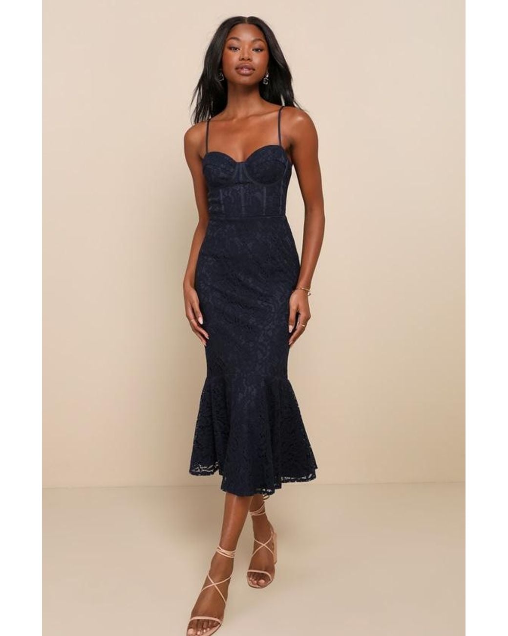 Lulus Blue Found Your Love Lace Sleeveless Trumpet Midi Dress