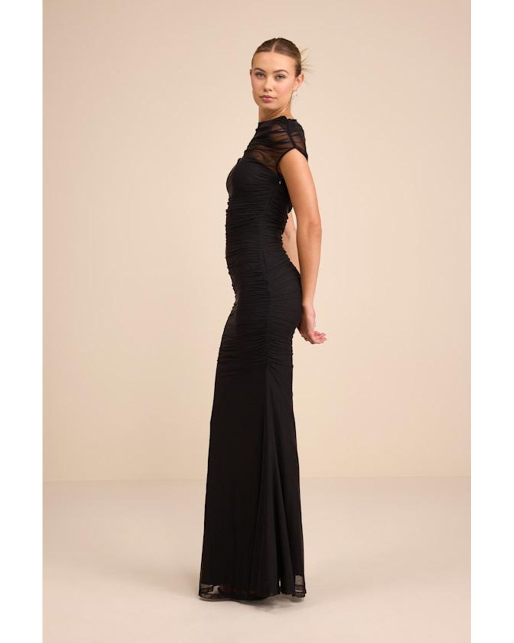 Lulus Black Sunama Mesh Ruched Mermaid Maxi Dress