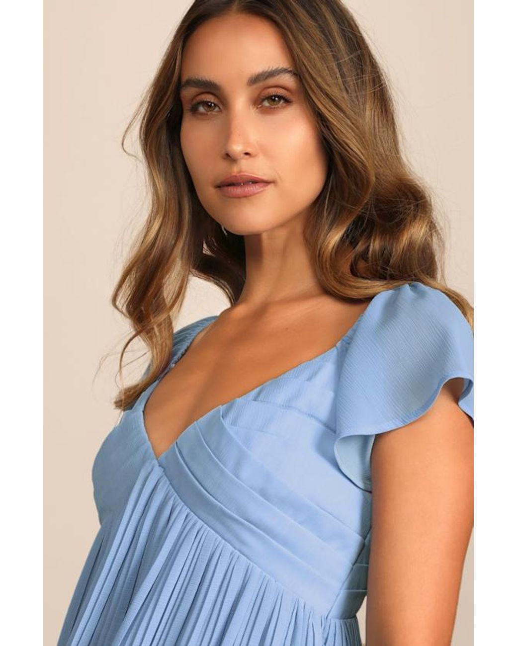 Lulus Blue Amalfi Coast Pleated Flutter Sleeve Mini Dress