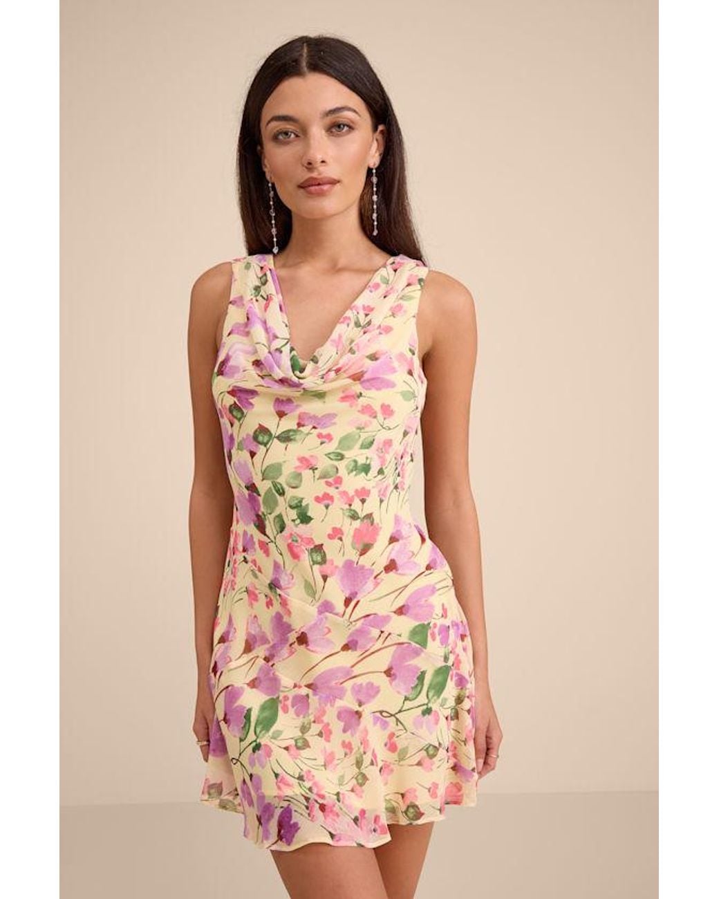 Lulus Pink Odette Floral Cowl Neck Mini Dress