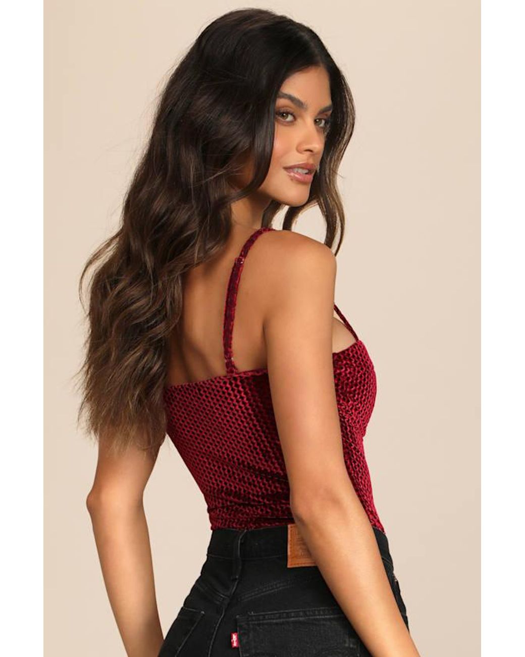 Lulus Red Flirty Feelings Velvet Bustier Bodysuit