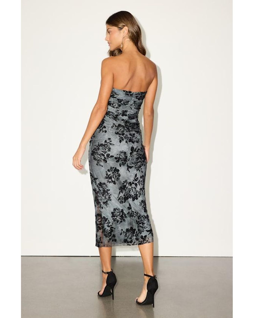 Lulus Gray Armali Abstract Floral Strapless Midi Dress
