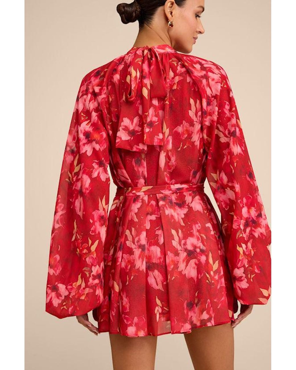 Lulus Red Lata Floral Mock Neck Belted Mini Dress
