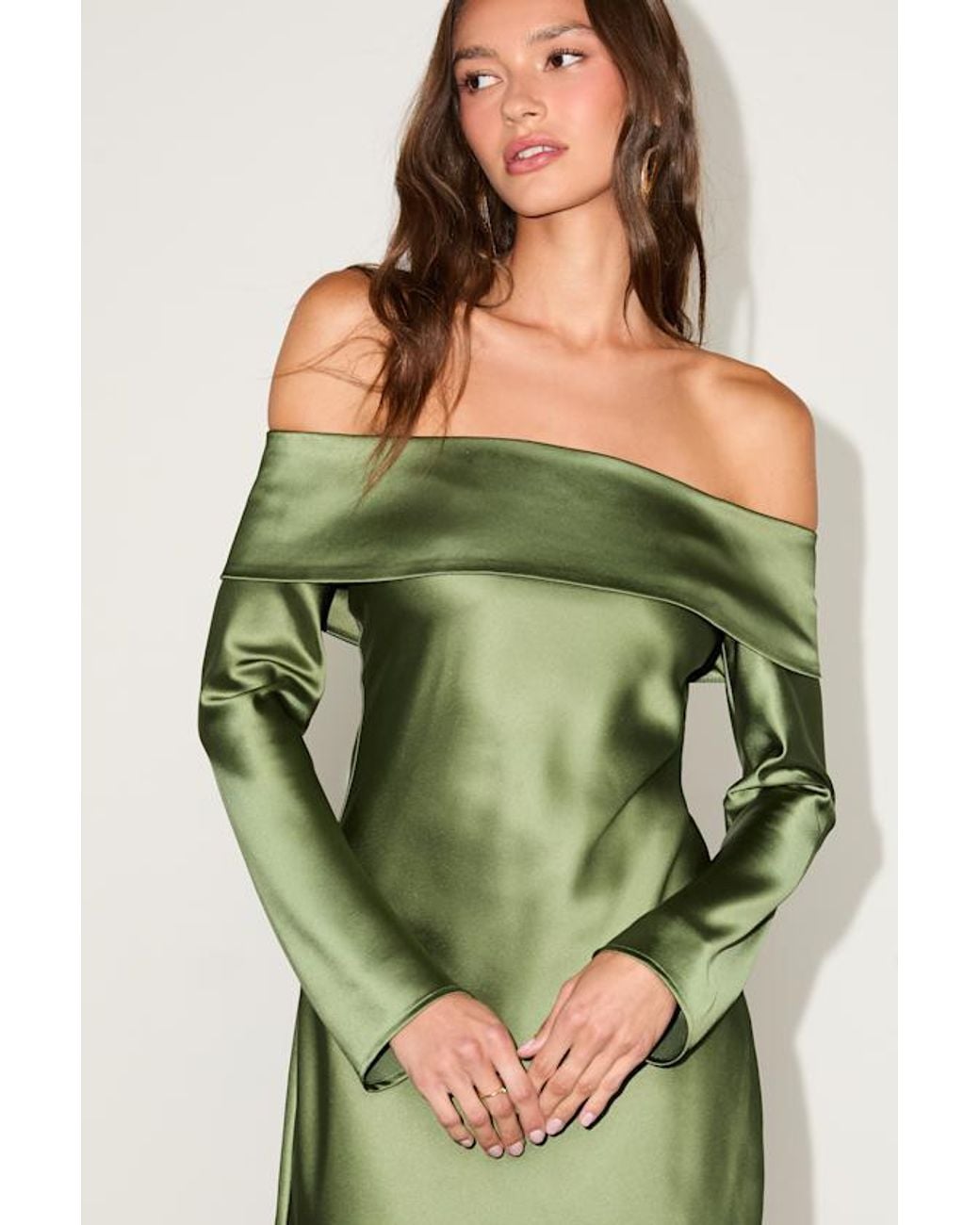 Lulus Green Luxurious Vision Satin Off-The-Shoulder Mini Dress