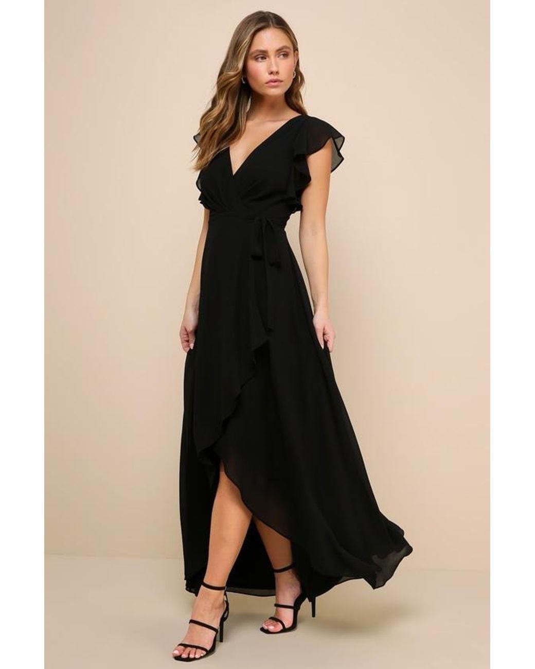 Lulus Black Ravishing Charm Ruffled Wrap High-Low Maxi Dress