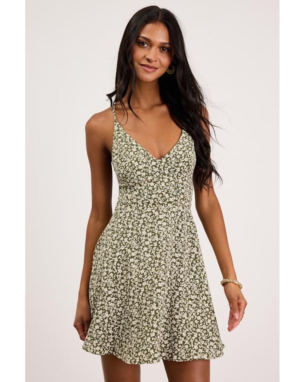 Lulus Green Sweetest Crush Floral Lace-Up Sleeveless Mini Skater Dress