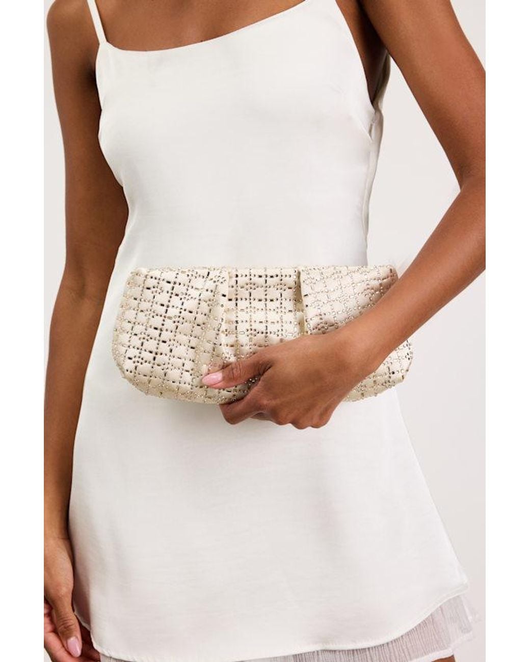 Lulus White Blaney Satin Rhinestone Crossbody Clutch