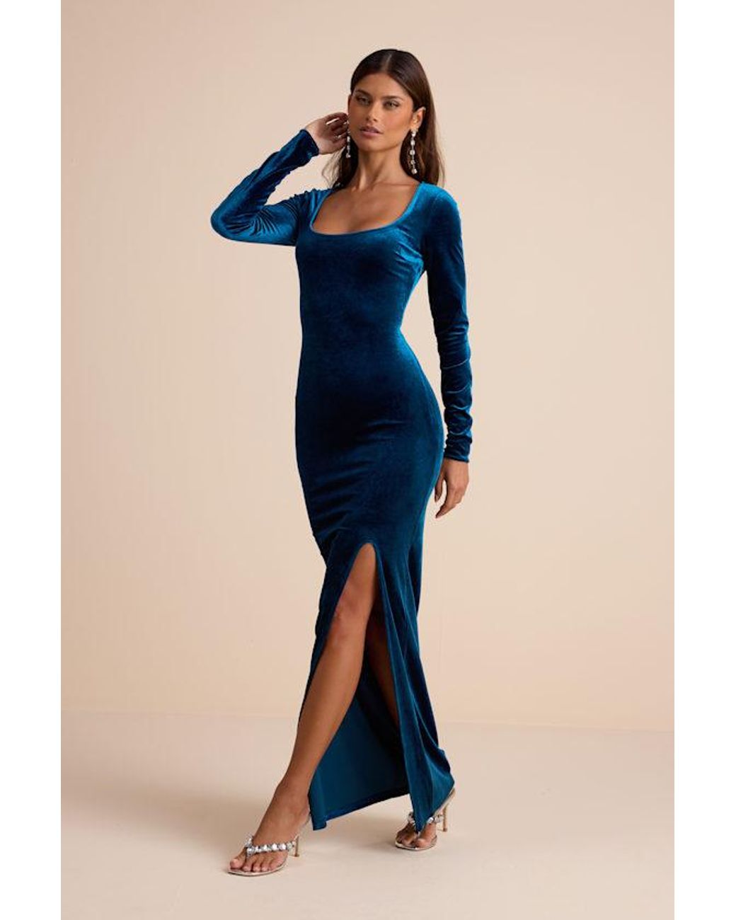 Lulus Blue Alessia Velvet Long Sleeve Maxi Dress