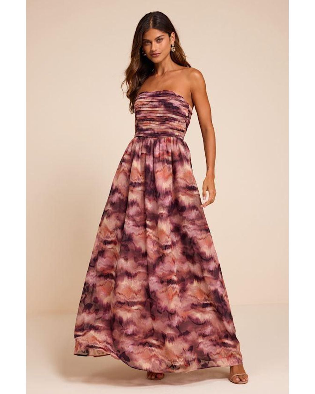 Lulus Red Mykala Abstract Pleated Strapless Maxi Dress
