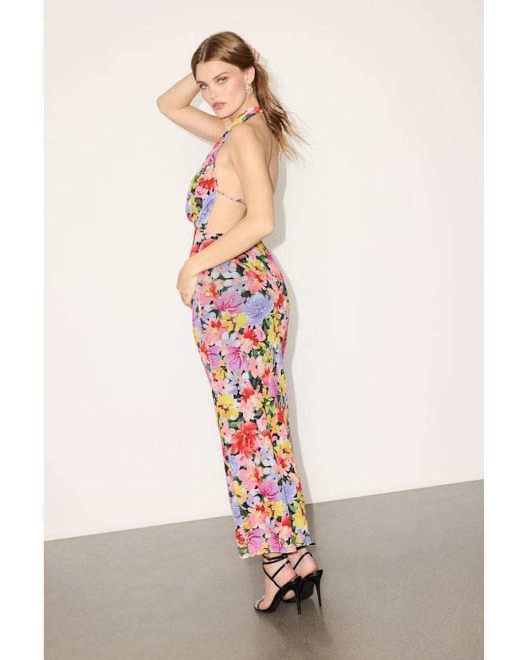 Lulus Metallic Janelle Multi Floral Backless Maxi Dress