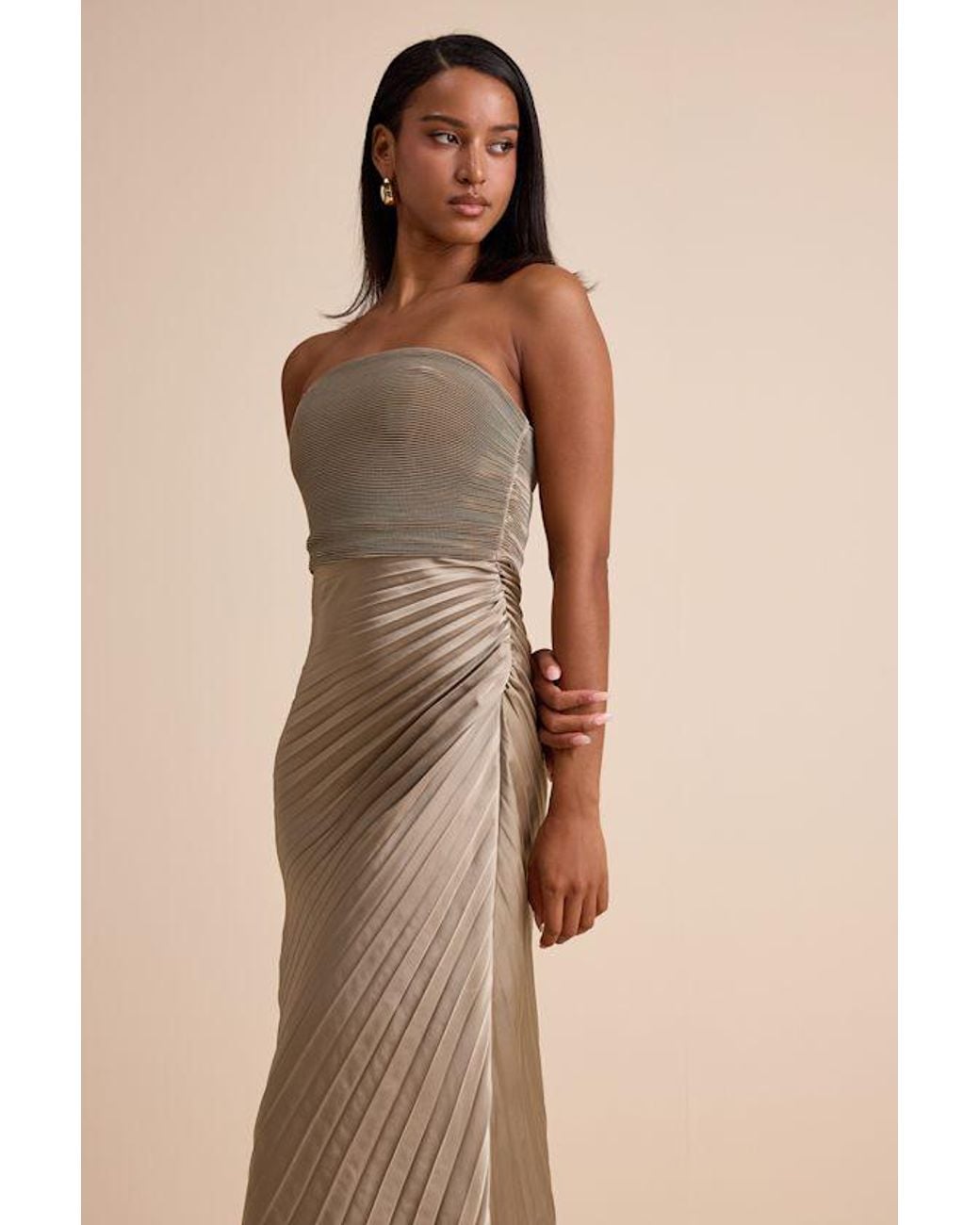 Lulus Natural Nyrah Satin Pleated Strapless Maxi Dress