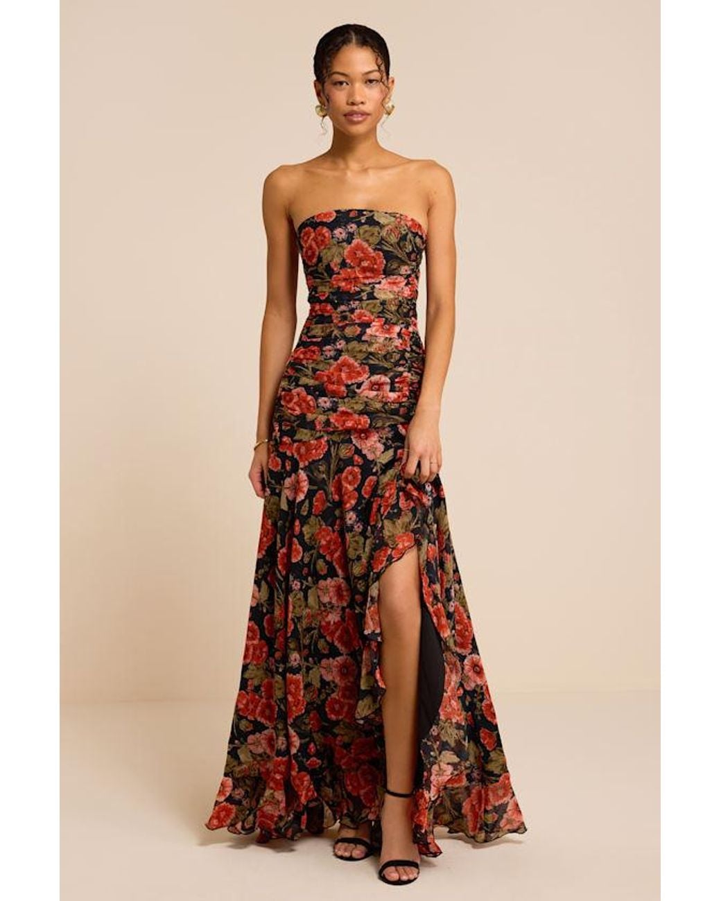 Lulus Brown Zuri Floral Strapless Maxi Dress