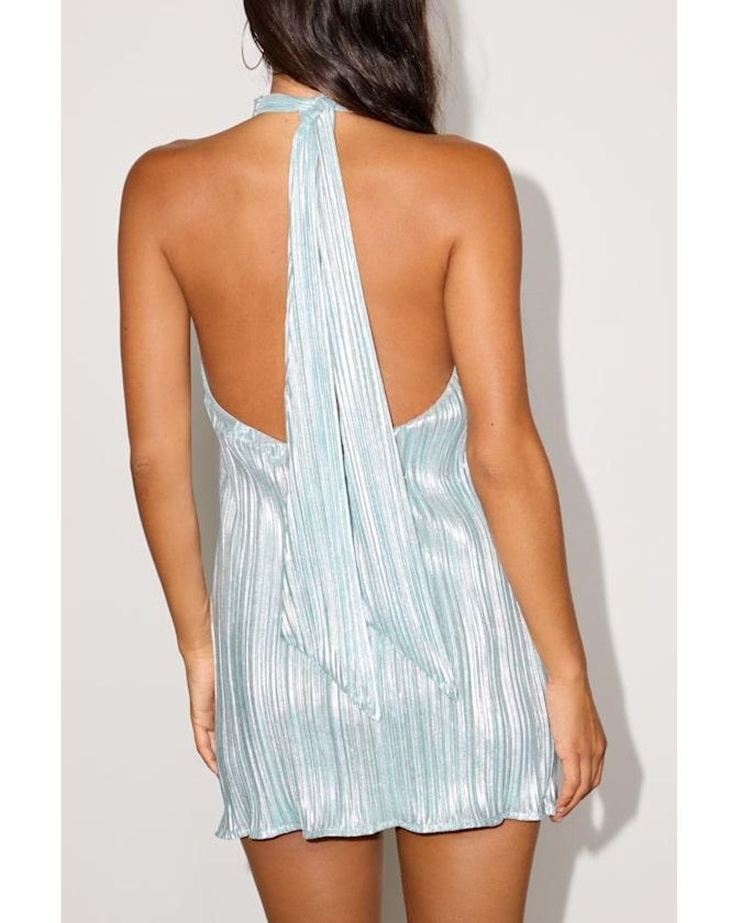Lulus Blue Collins Lurex Plisse Halter Mini Dress