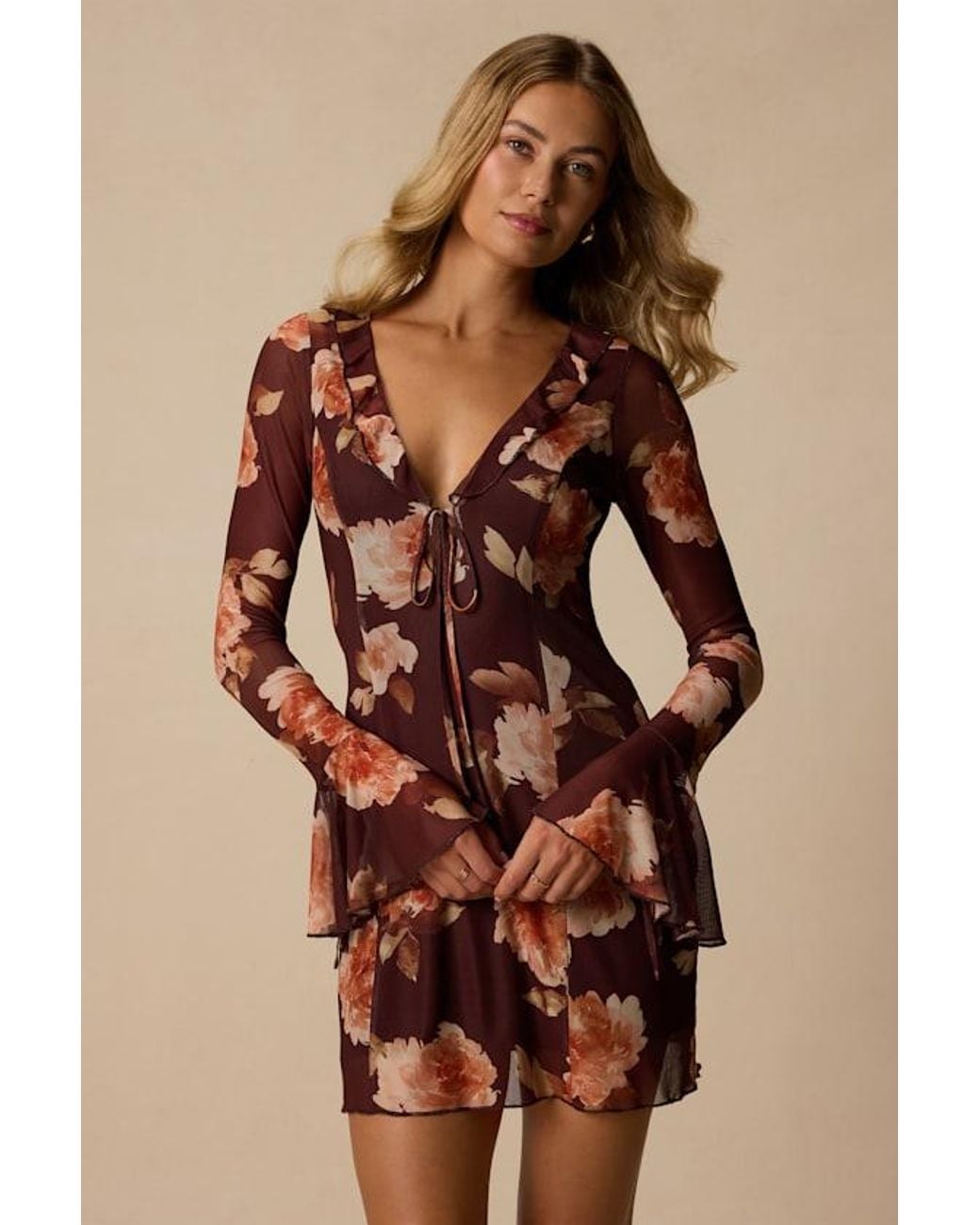 Lulus Brown Hayden Multi Floral Mesh Mini Dress