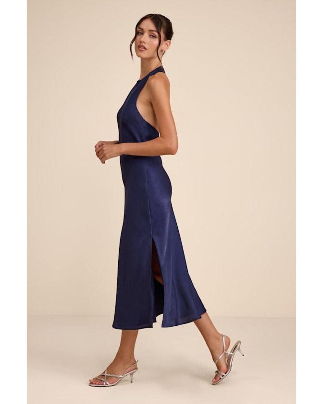 Lulus Blue Belin Satin Backless Midi Dress