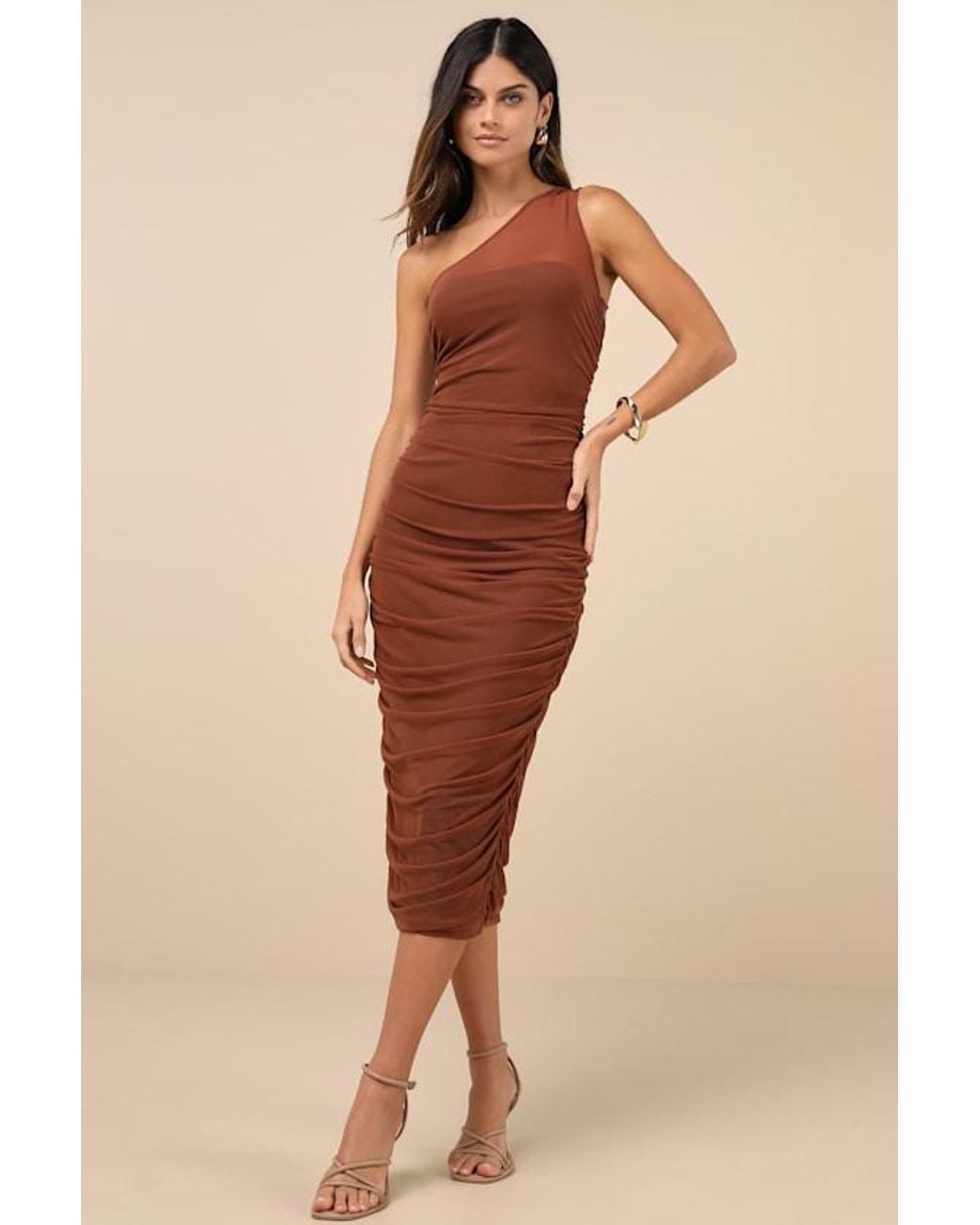 Lulus Natural Kiden Mesh Ruched One-Shoulder Midi Dress