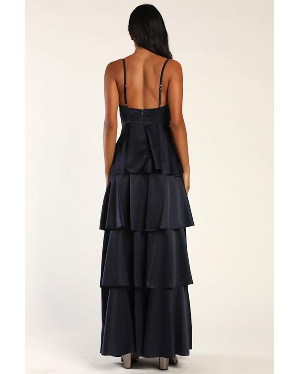 Lulus Blue Going With Elegance Satin Tiered Gown