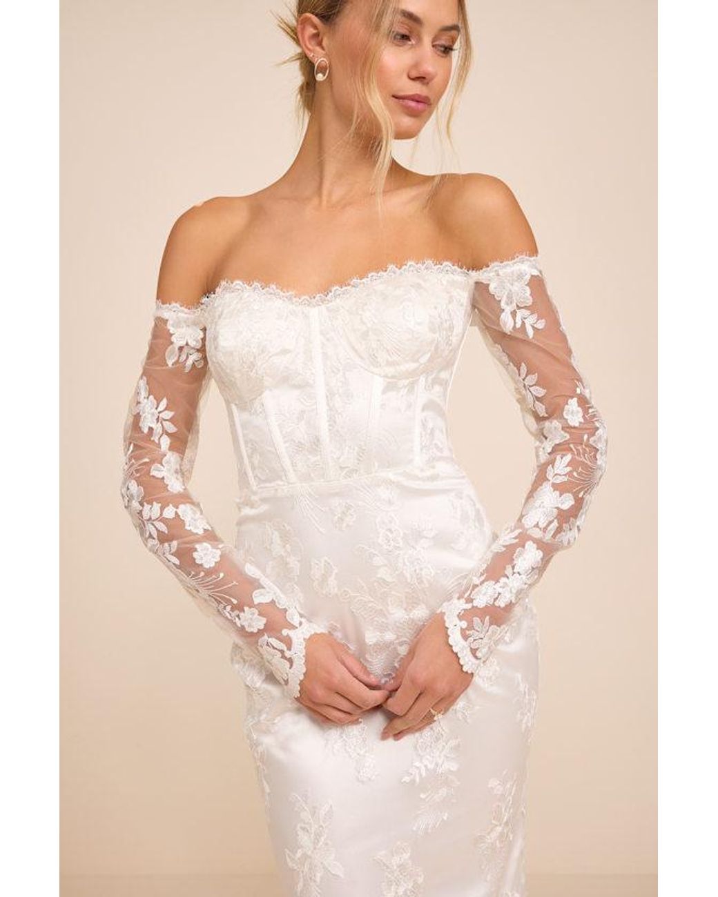 Lulus Natural Lucina Embroidered Bustier Long Sleeve Maxi Dress