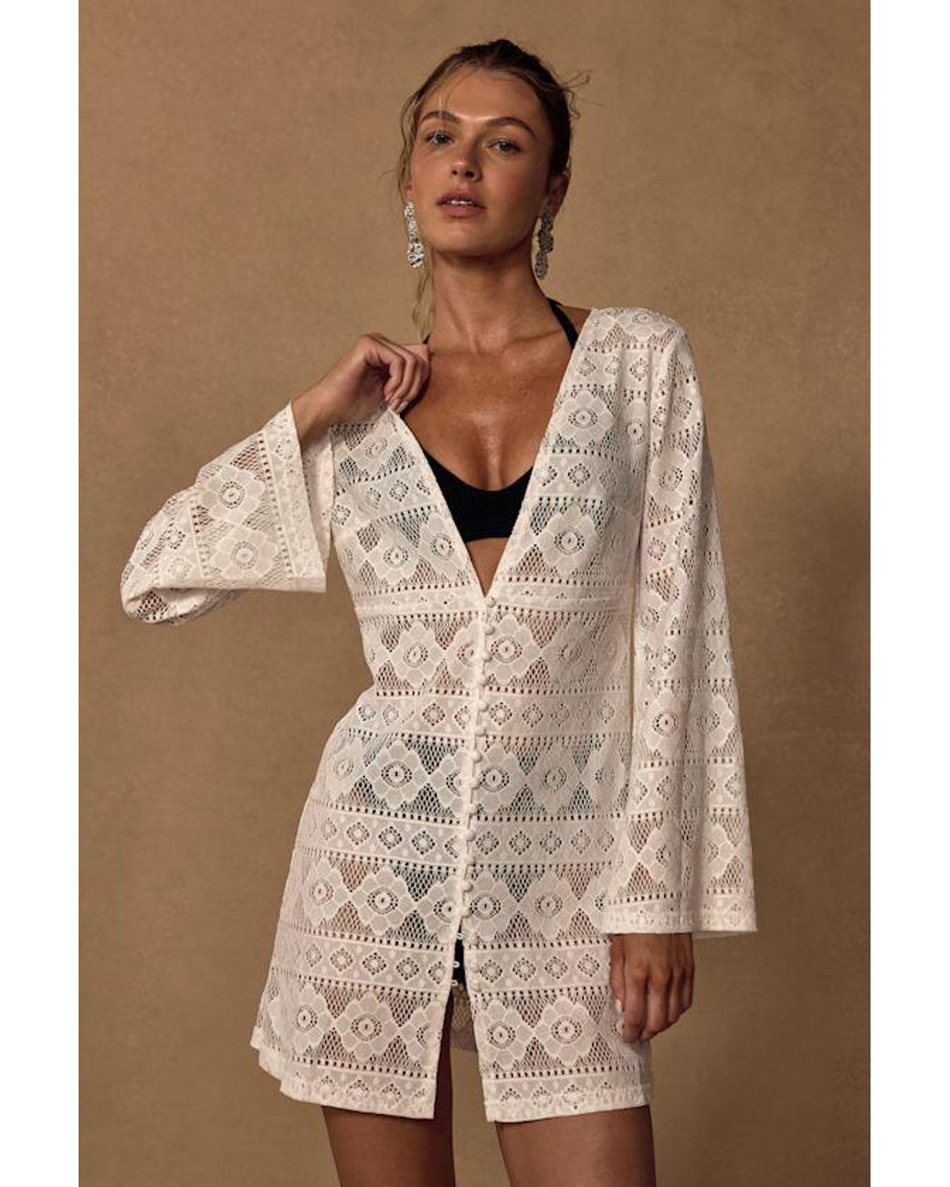 Lulus White City Of Angels Crochet Lace Button-Up Swim Cover-Up