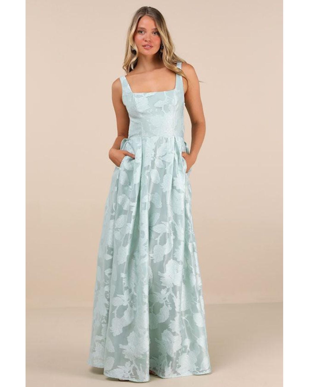 Lulus Blue Perfected Aura Sage Jacquard Tie-Back Maxi Dress With Pockets