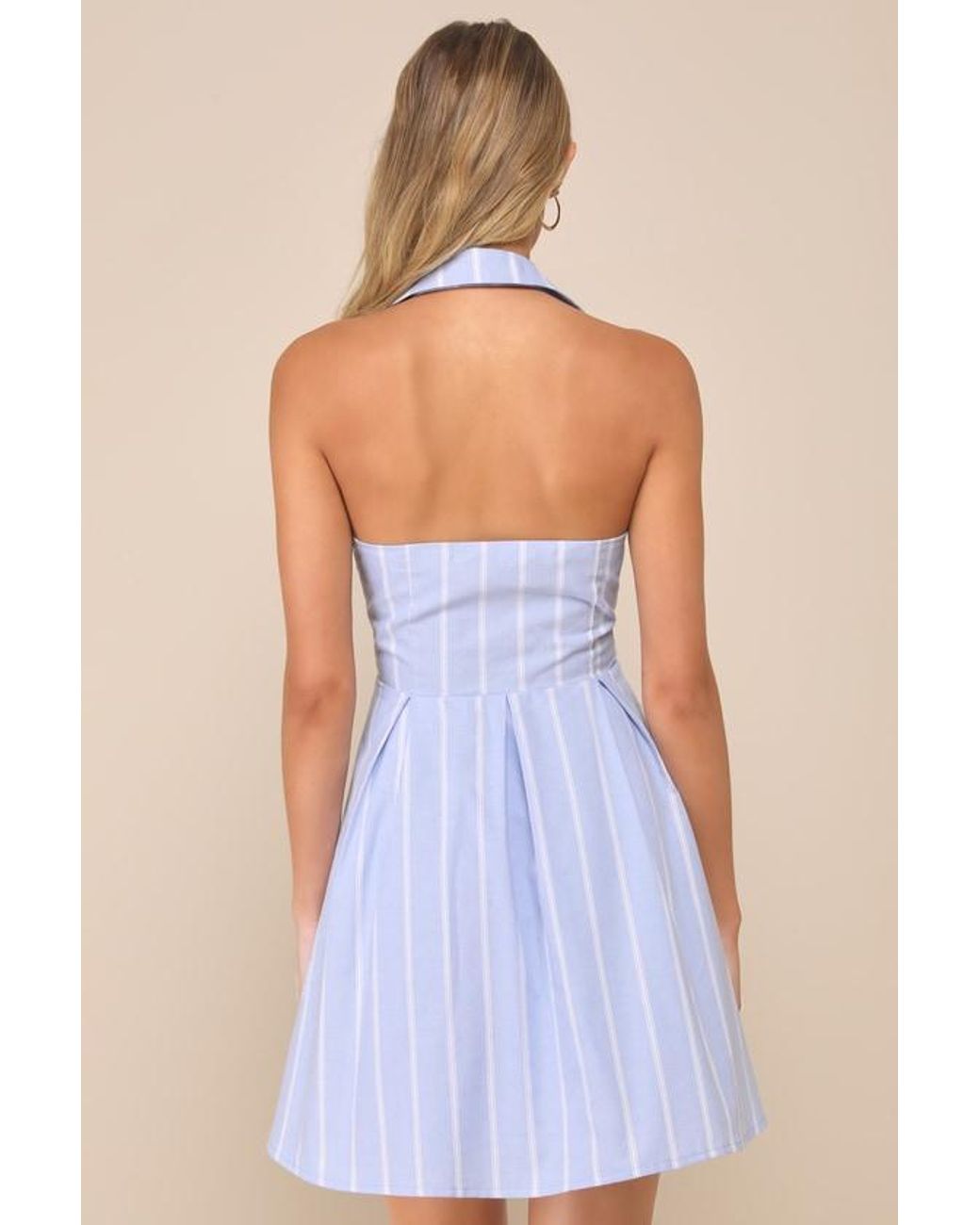 Lulus Posh Beauty Light Striped Collared Halter Mini Skater Dress in Blue Lyst UK