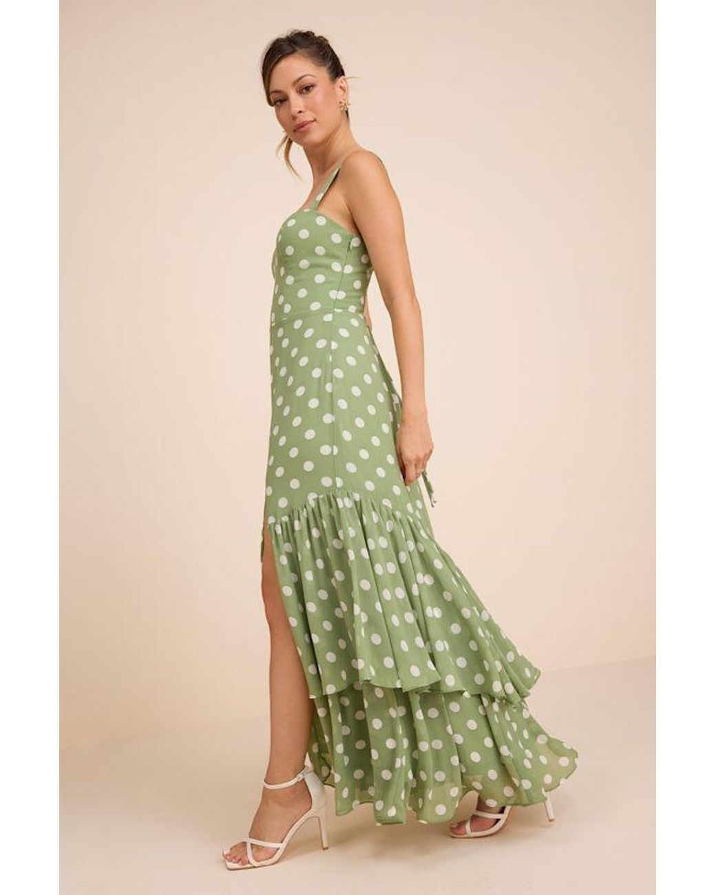 Lulus Green Raynelle Light Polka Dot Lace-Up Tiered Maxi Dress