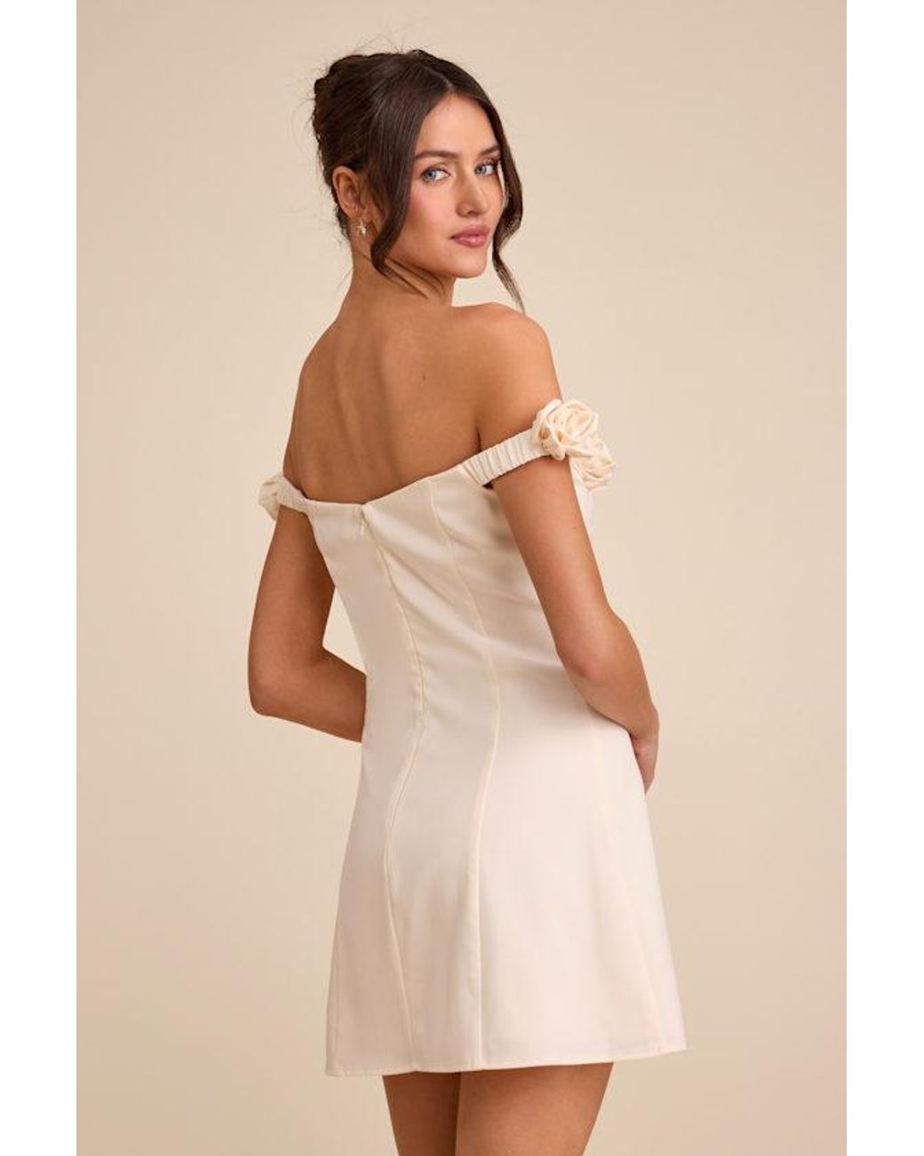 Lulus Natural Gracen Rosette Off-The-Shoulder Skater Mini Dress