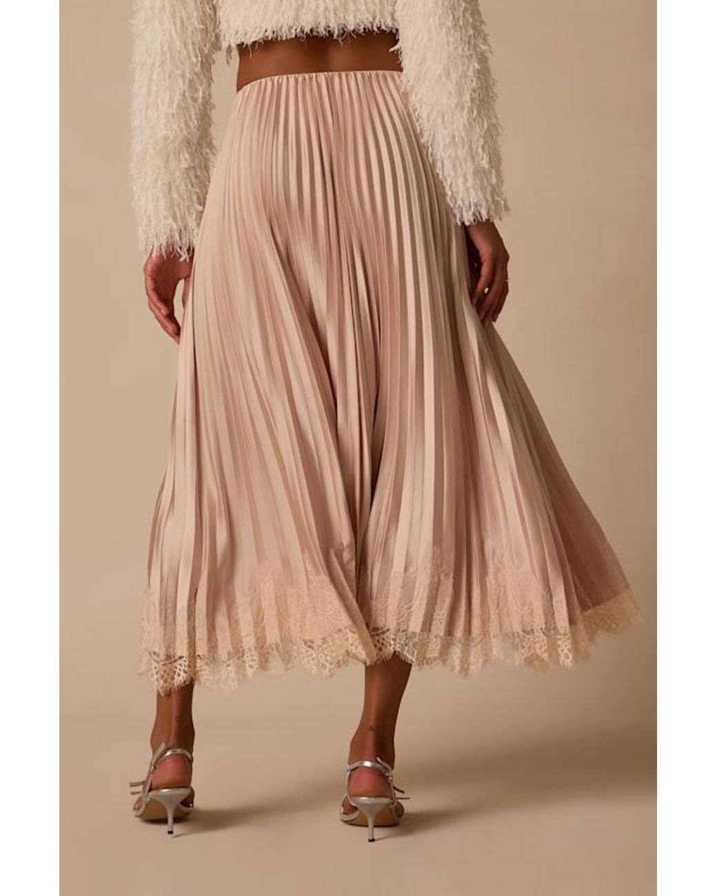Lulus Natural Delancey Pleated Satin Midi Skirt