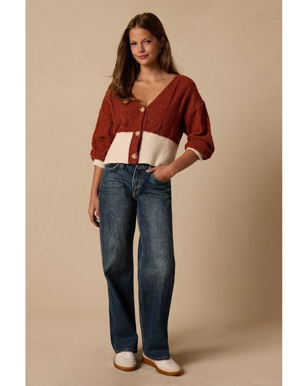 Lulus Red Convincingly Cozy Rust And Cream Cable Knit Boucle Cardigan