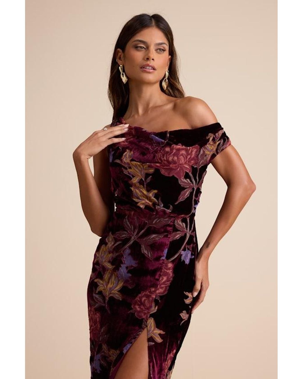 Lulus Natural Marnella Floral Velvet Burnout Asymmetrical Maxi Dress