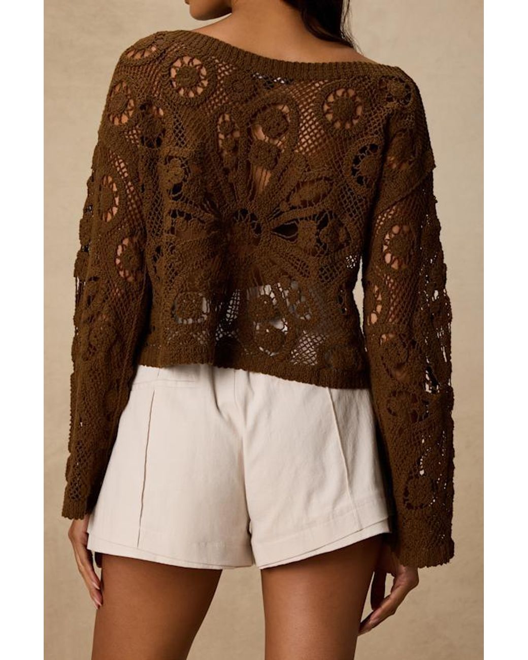 Lulus Brown Martinez Sheer Crochet Pullover Sweater