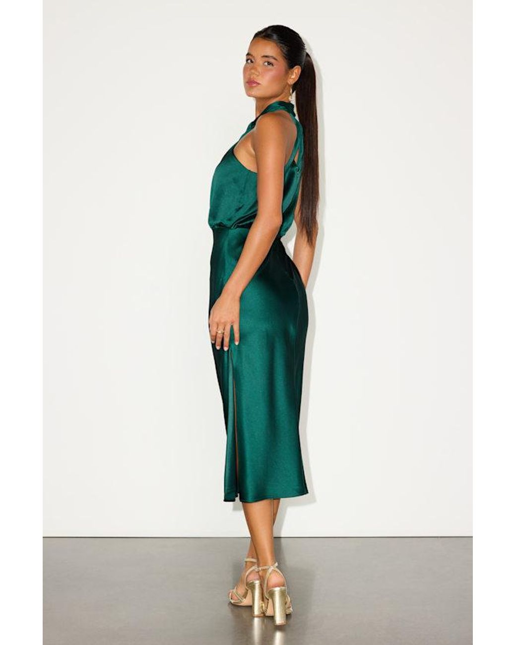 Lulus Green Jacey Emerald Satin Halter Midi Dress