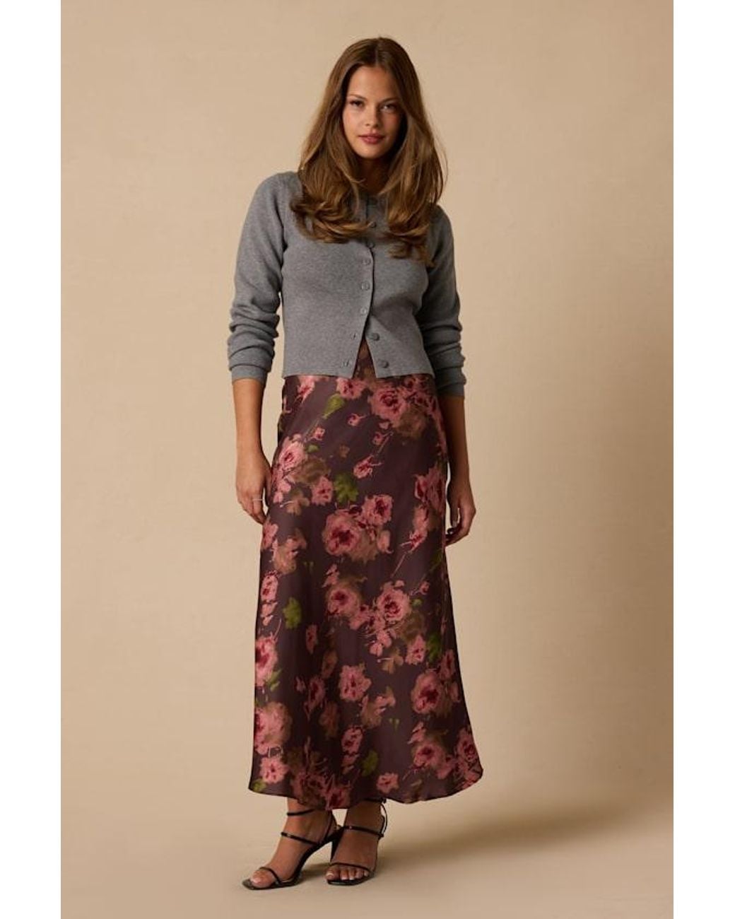 Lulus Brown Binny Plum Floral Print Satin Maxi Skirt