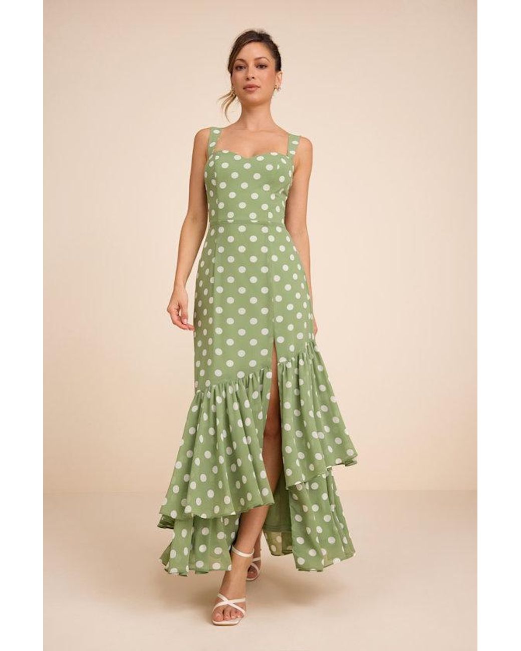Lulus Green Raynelle Light Polka Dot Lace-Up Tiered Maxi Dress