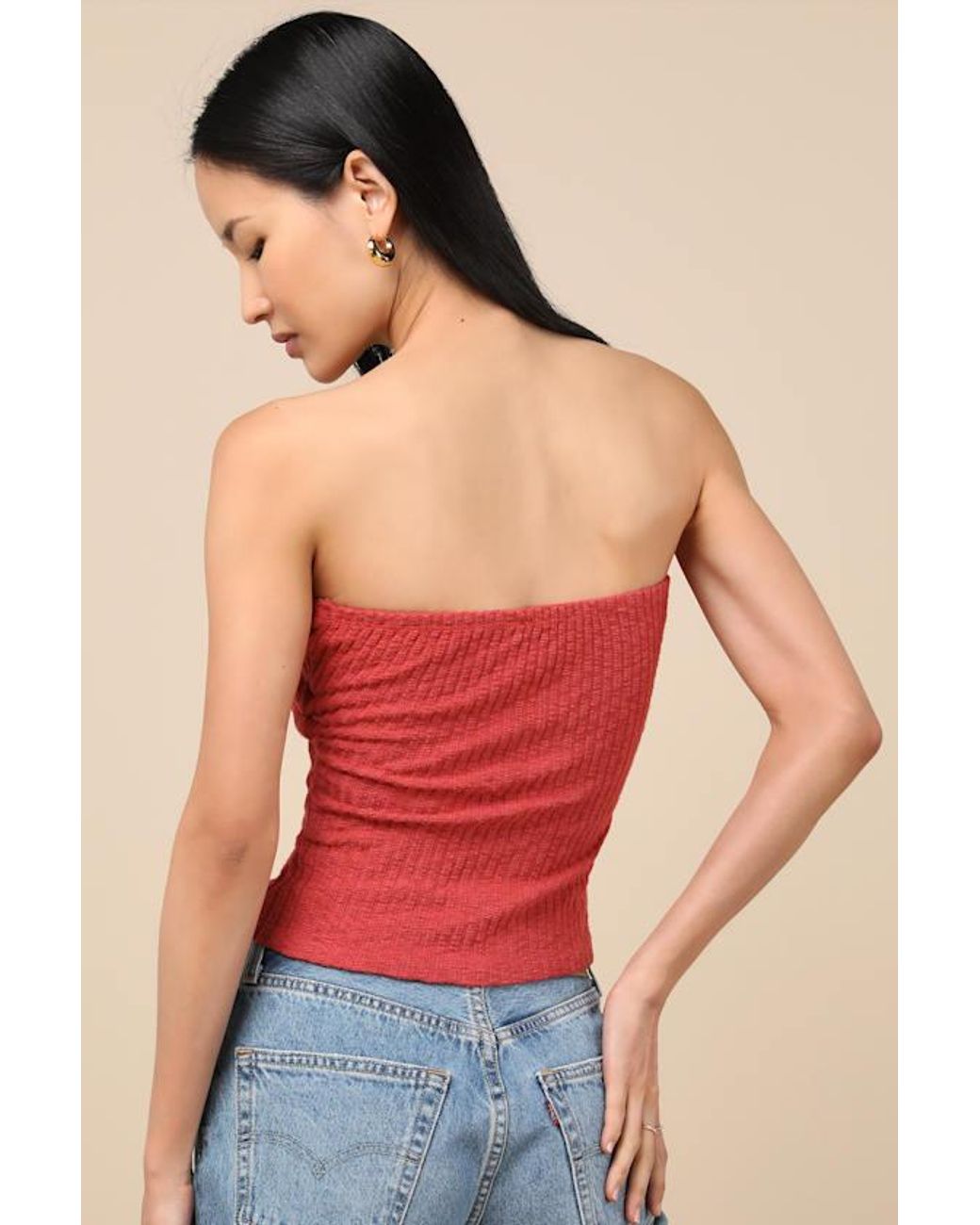 Lulus Red Lautaro Rust Ribbed Strapless Crop Top