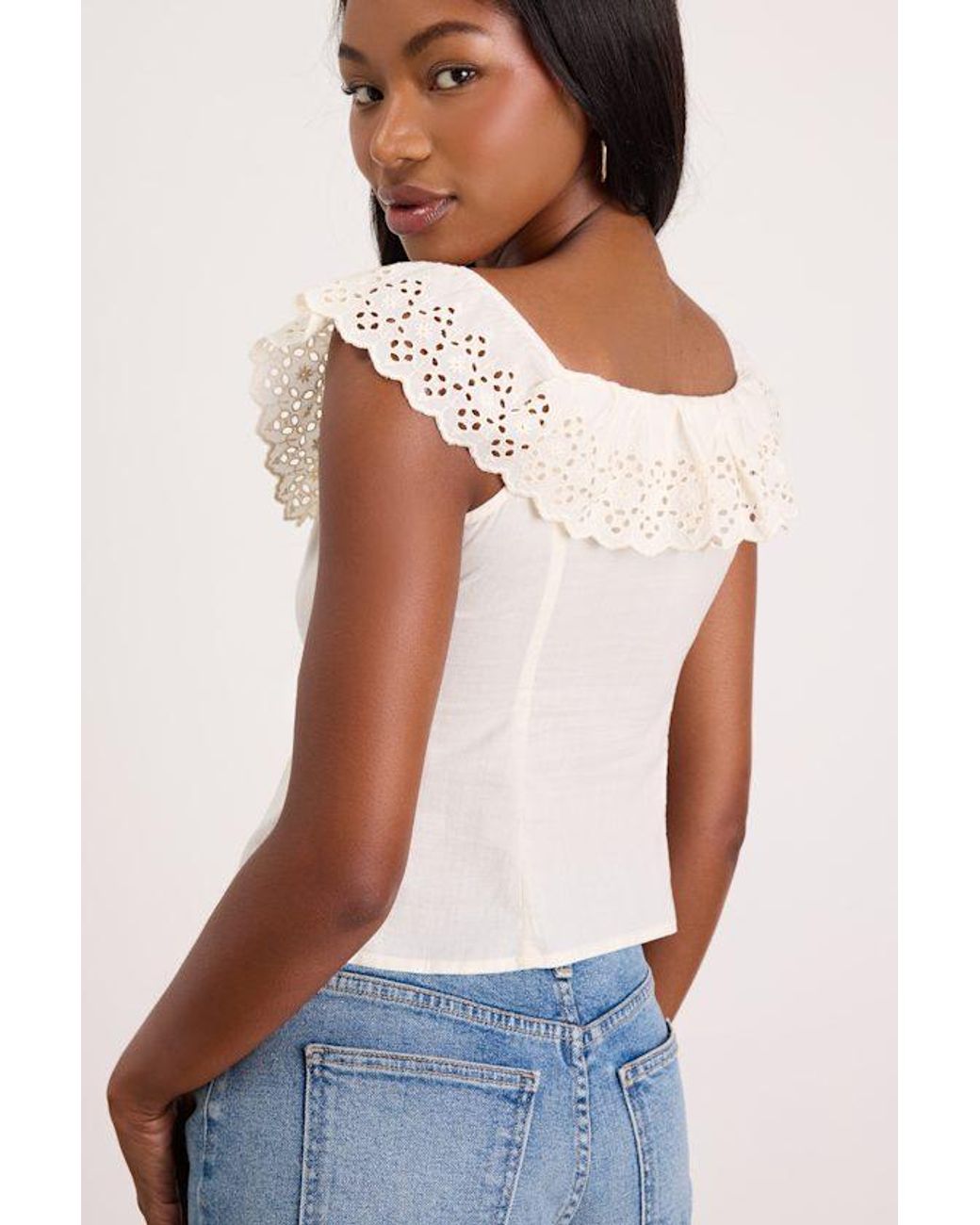 Lulus Natural Alesana Eyelet Embroidered Button-Front Top