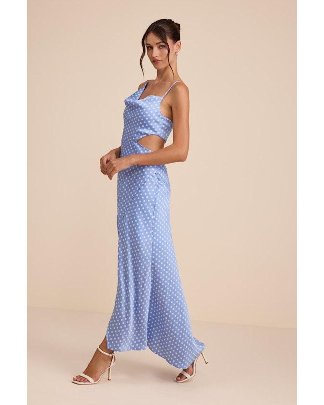 Lulus Blue Amella Polka Dot Satin Asymmetrical Dress