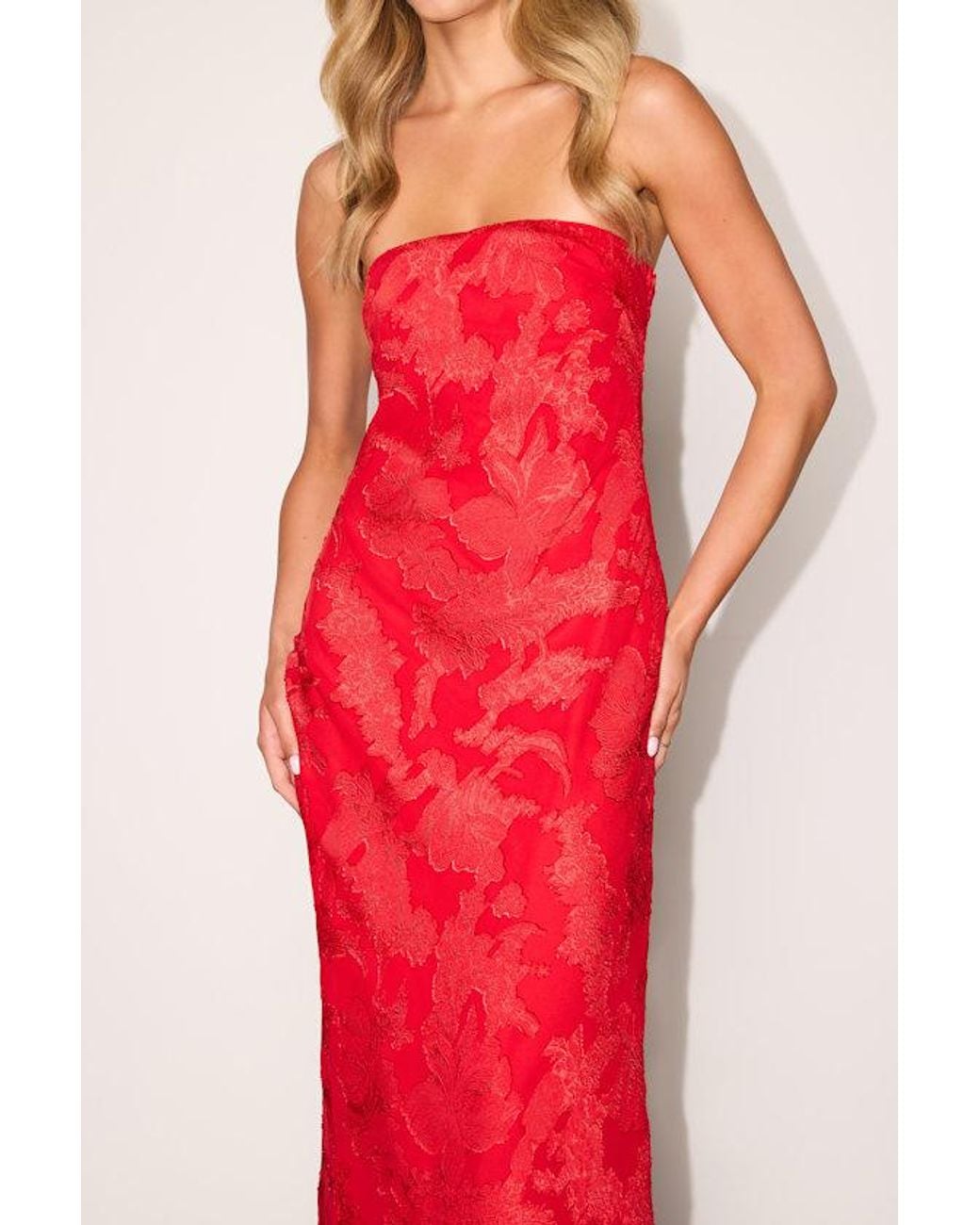 Lulus Red Letta Floral Jacquard Cowl Back Midi Dress