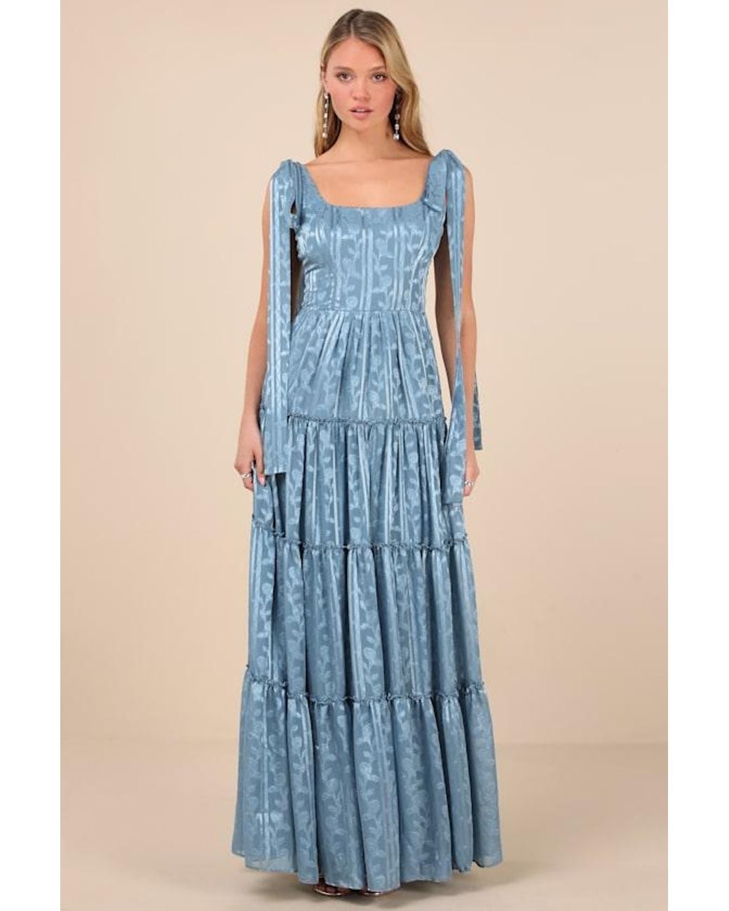 Lulus Blue Picturesque Allure Jacquard Tie-Strap Maxi Dress